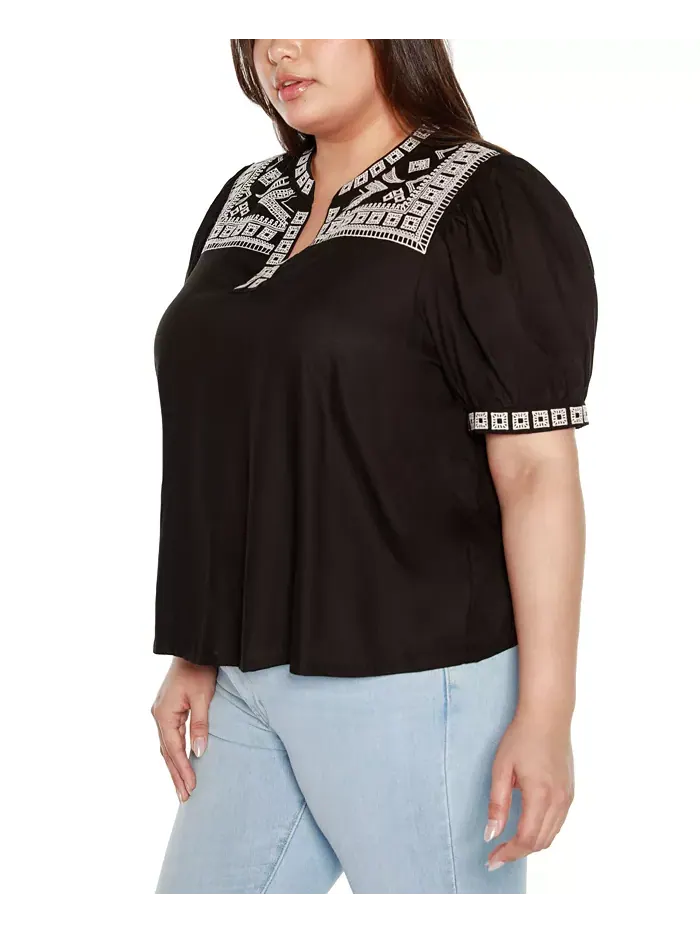 Топ с короткими рукавами Black Label Plus Size с вышивкой в ​​стиле бохо Belldini — изображение 3 из 4, черный