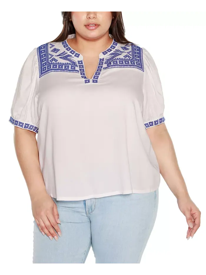 Топ с короткими рукавами Black Label Plus Size с вышивкой в ​​стиле бохо Belldini — изображение 1 из 4, белый