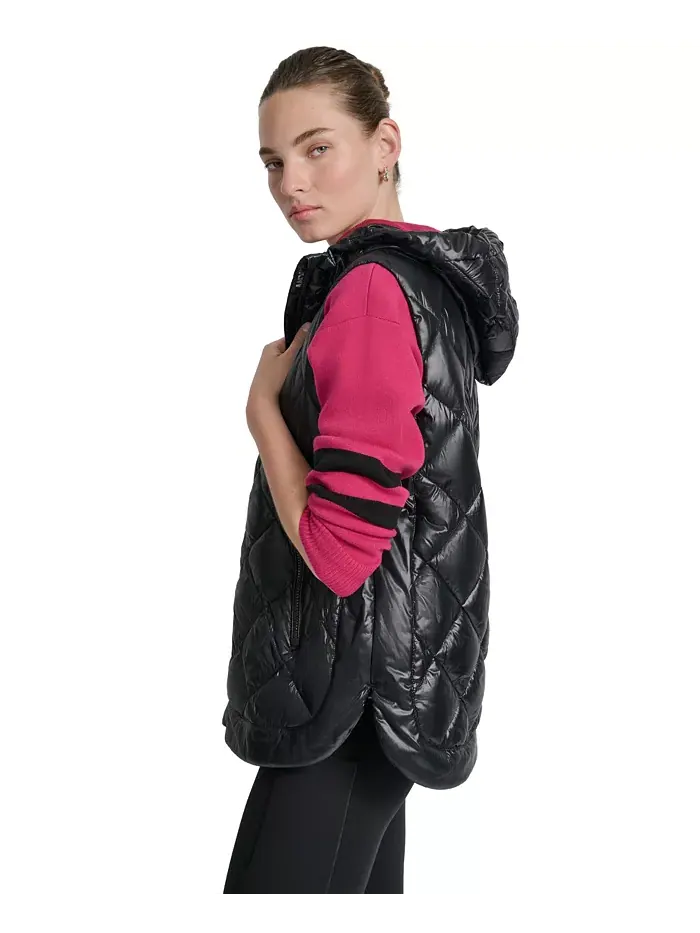 Женский стеганый жилет с капюшоном и закругленным подолом DKNY — изображение 4 из 7, металлик черный
