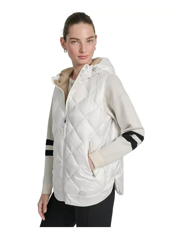 Женский стеганый жилет с капюшоном и закругленным подолом DKNY — изображение 3 из 6, металлик слоновая кость