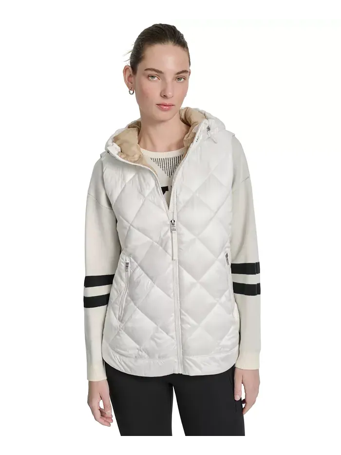 Женский стеганый жилет с капюшоном и закругленным подолом DKNY — изображение 4 из 6, металлик слоновая кость