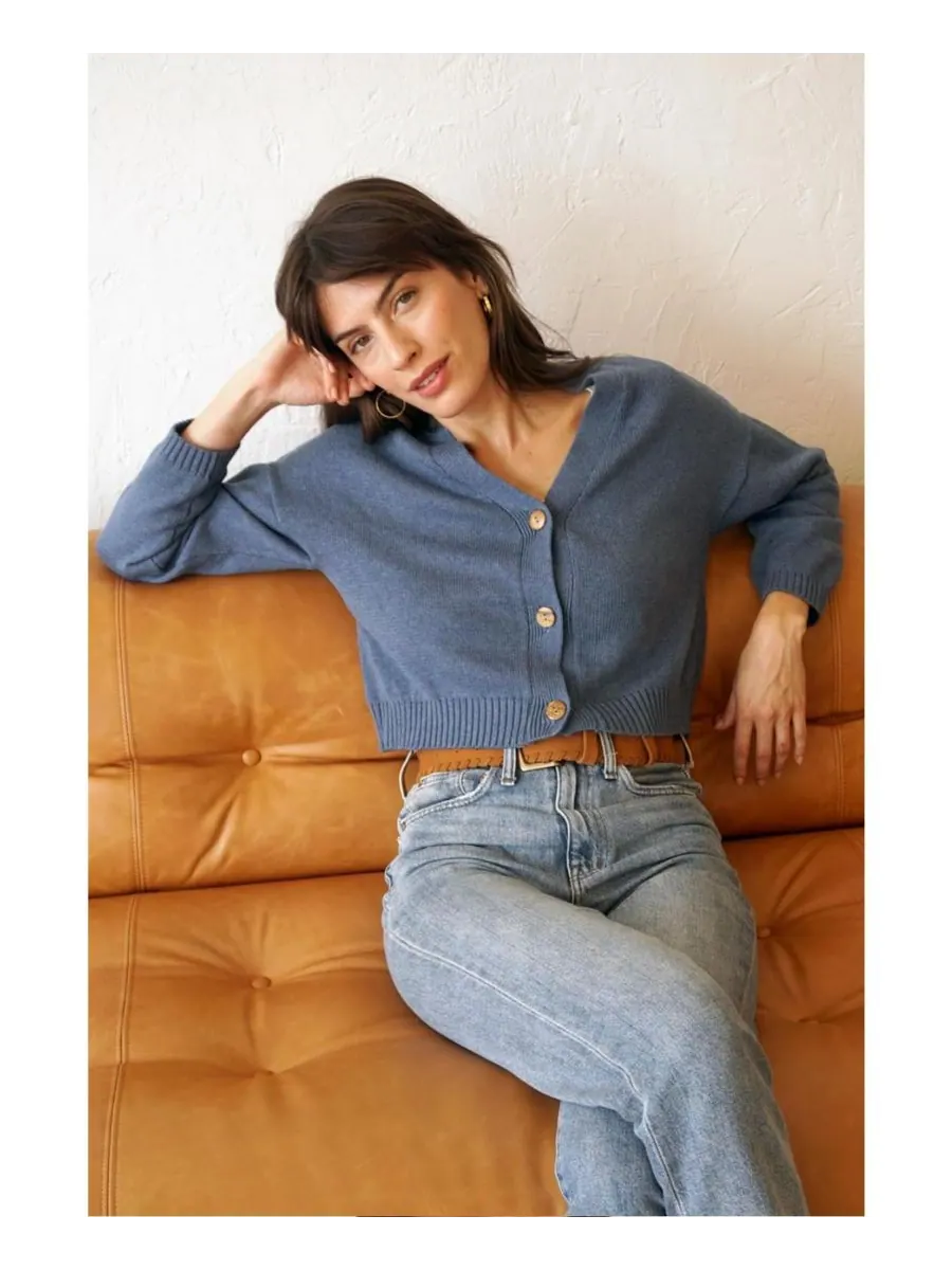 Женский хлопковый укороченный кардиган Diana Paneros Clothing — изображение 3 из 3, джинсовый синий синий