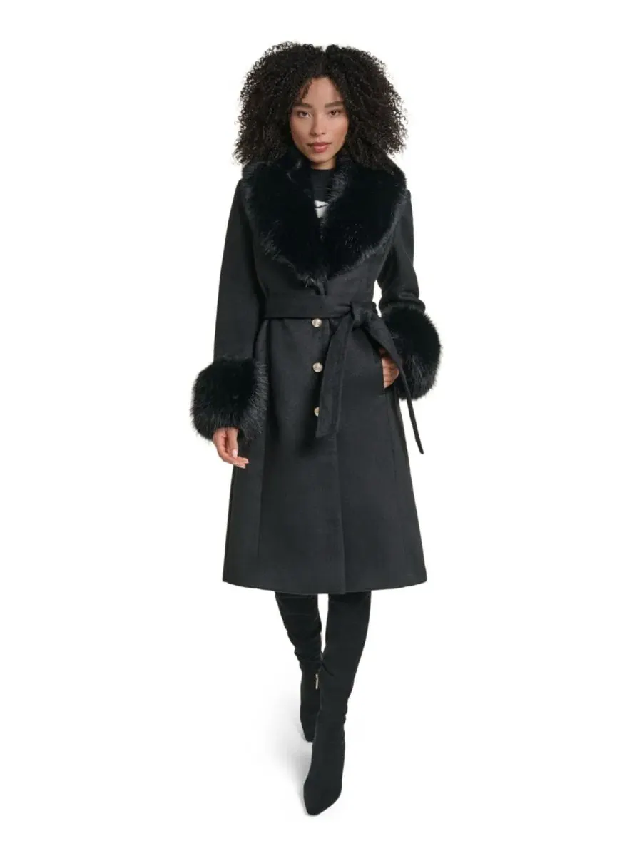 Пальто женское длинное однобортное с поясом, модель Single-Breasted Long Wool-Blend Coat KARL — изображение 1 из 5, черный