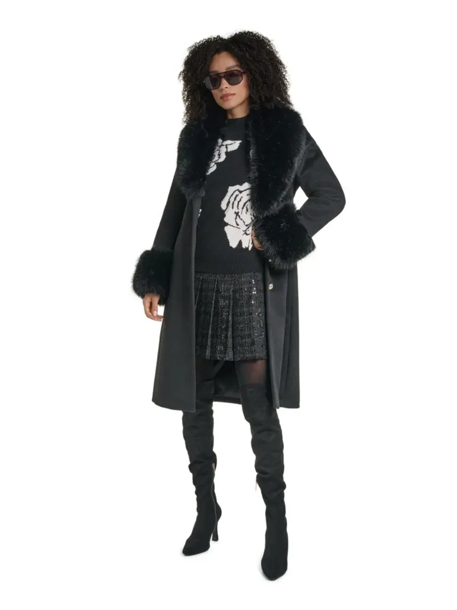 Пальто женское длинное однобортное с поясом, модель Single-Breasted Long Wool-Blend Coat KARL — изображение 2 из 5, черный