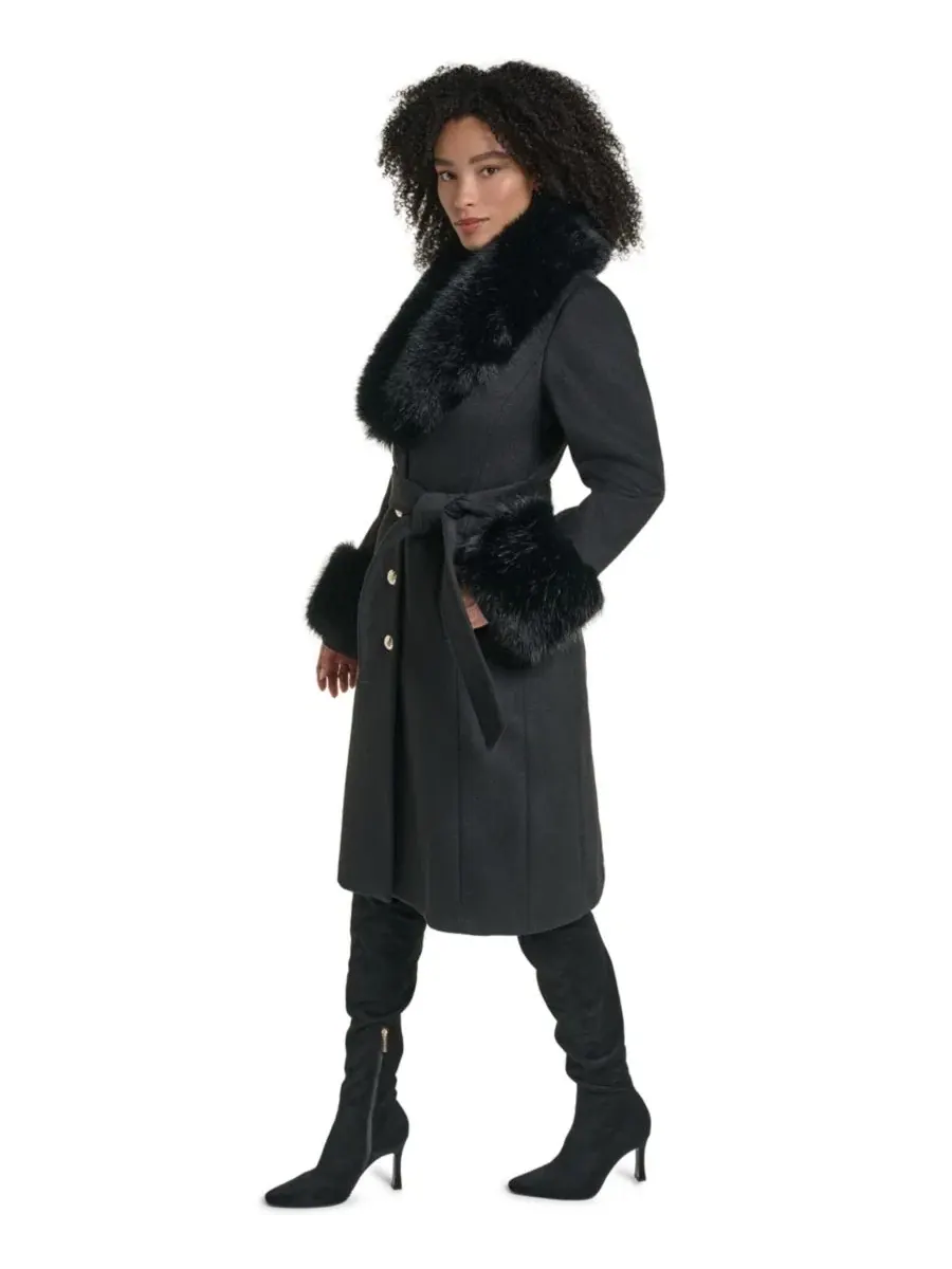 Пальто женское длинное однобортное с поясом, модель Single-Breasted Long Wool-Blend Coat KARL — изображение 3 из 5, черный