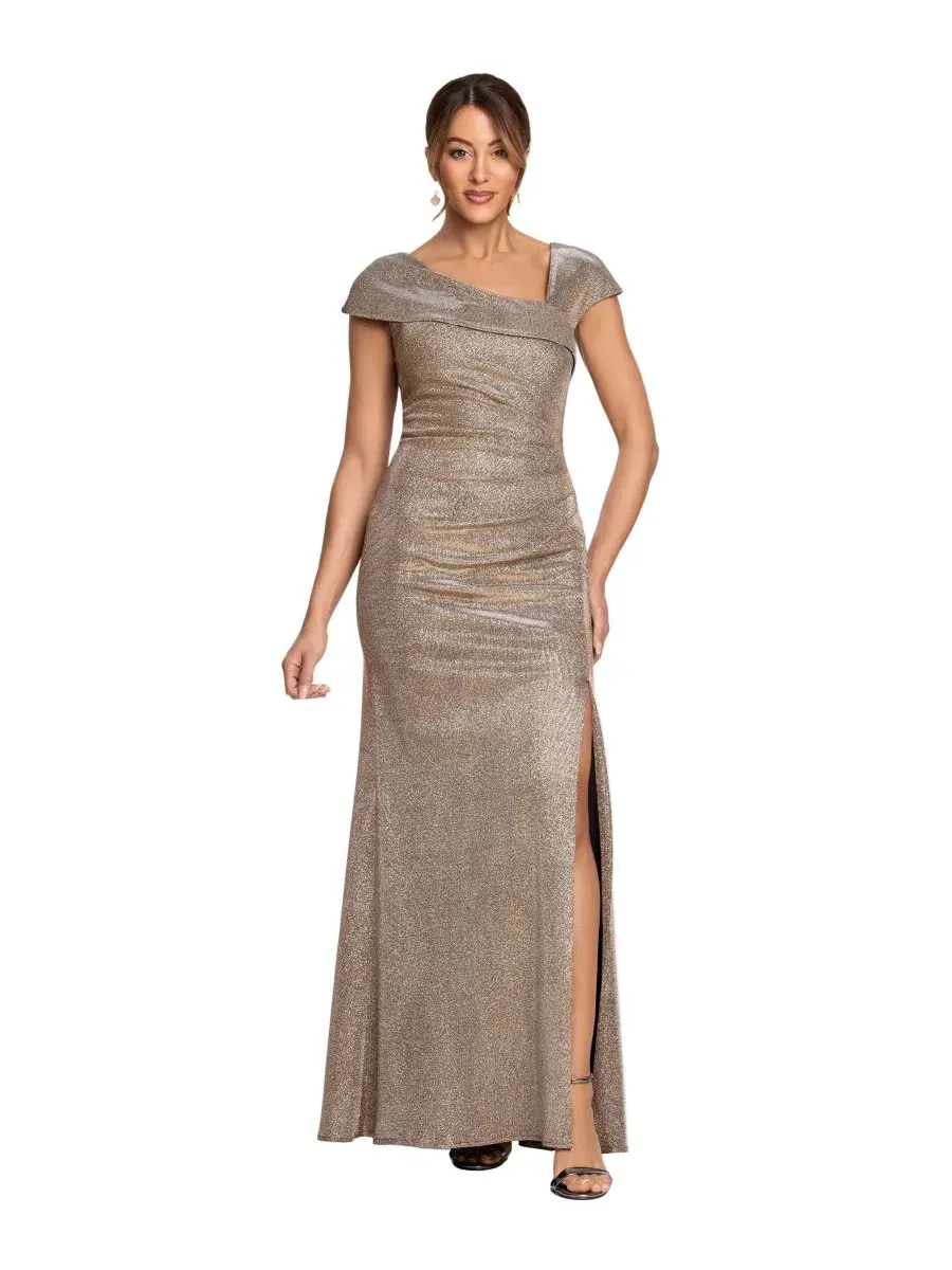 Платье-футляр с асимметричным вырезом и блестками Petite Glitter Metallic Asymmetrical Sheath Ball — бежевый