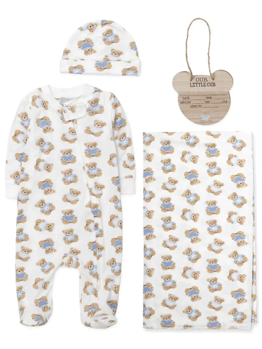 Комплект из 4 предметов для новорожденного с медвежонком Baby Essentials — синий