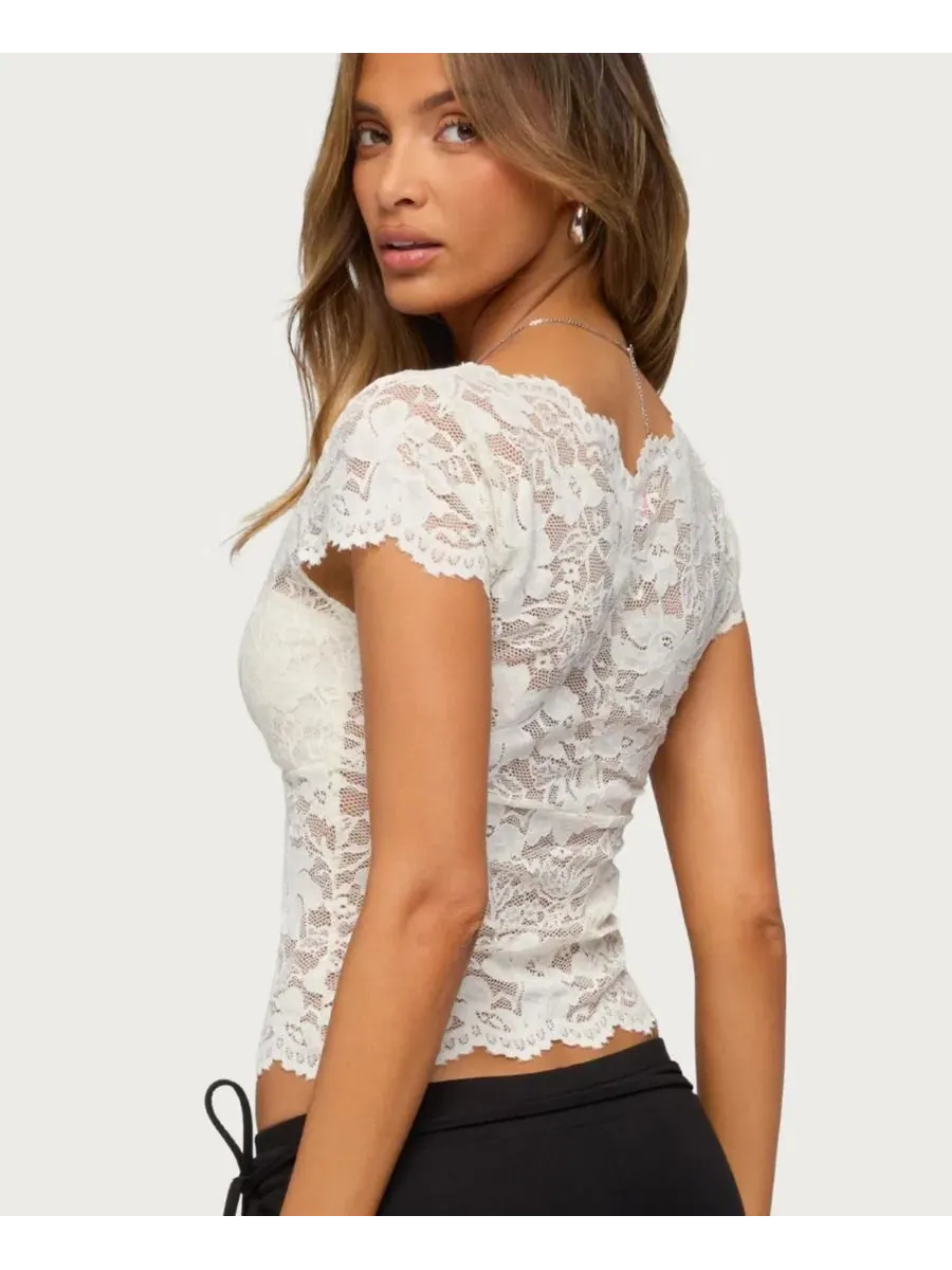 Женский топ с кружевным воротником Elza Scalloped Sheer Lace Edikted — изображение 2 из 5, бежевый
