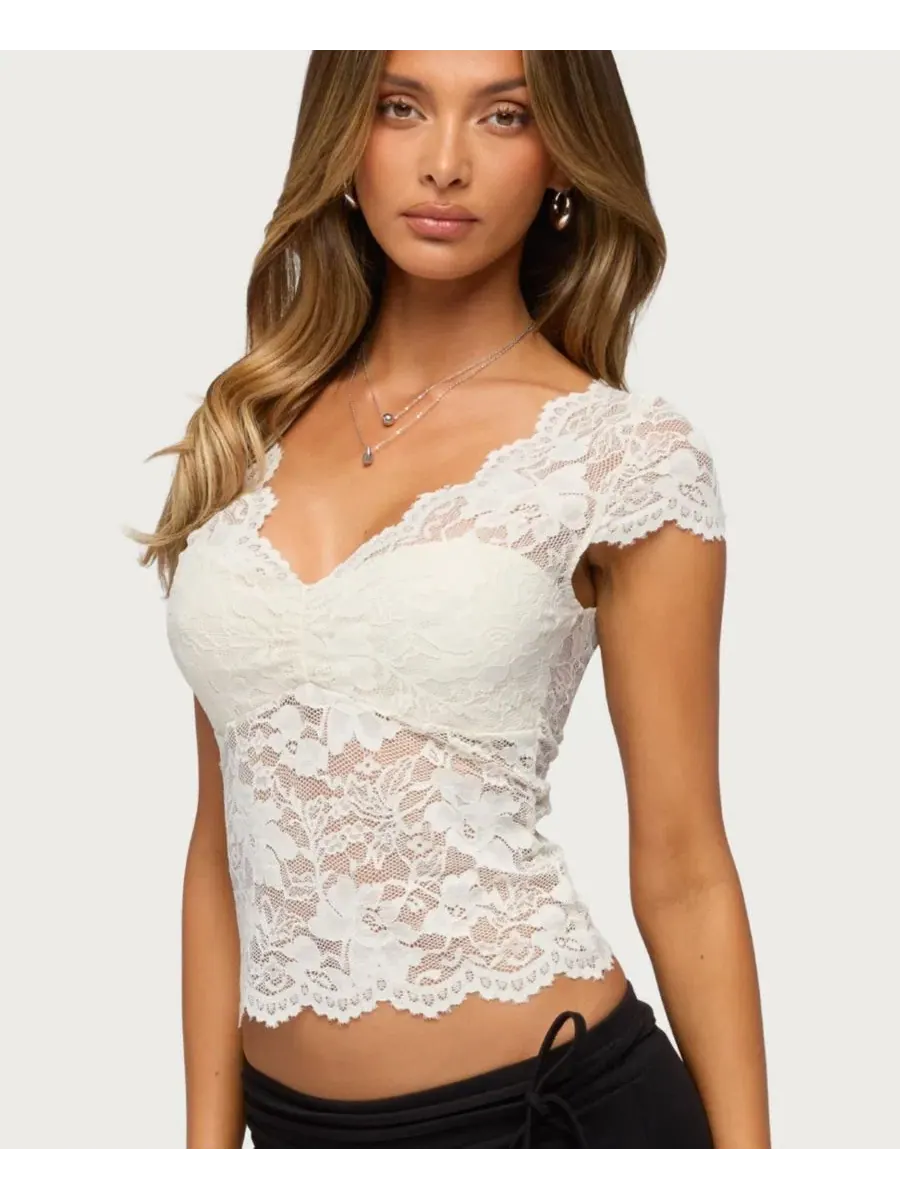Женский топ с кружевным воротником Elza Scalloped Sheer Lace Edikted — изображение 4 из 5, бежевый
