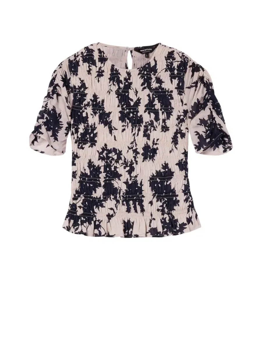Блуза с рюшами и цветочным принтом Smocked Floral Ruffle Hem Peplum Whistles — изображение 2 из 6, слоновая кость/мульти