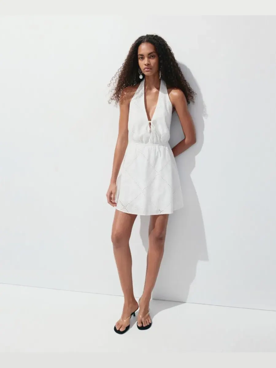 Платье-трапеция с вышивкой Openwork Embroidery Halter Neck Dress MANGO — изображение 7 из 7, белый
