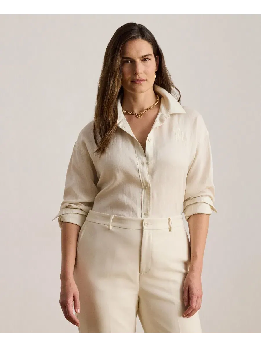 Женская рубашка из льна с длинным рукавом и монограммой Lauren Ralph Lauren — изображение 2 из 7, кремовый