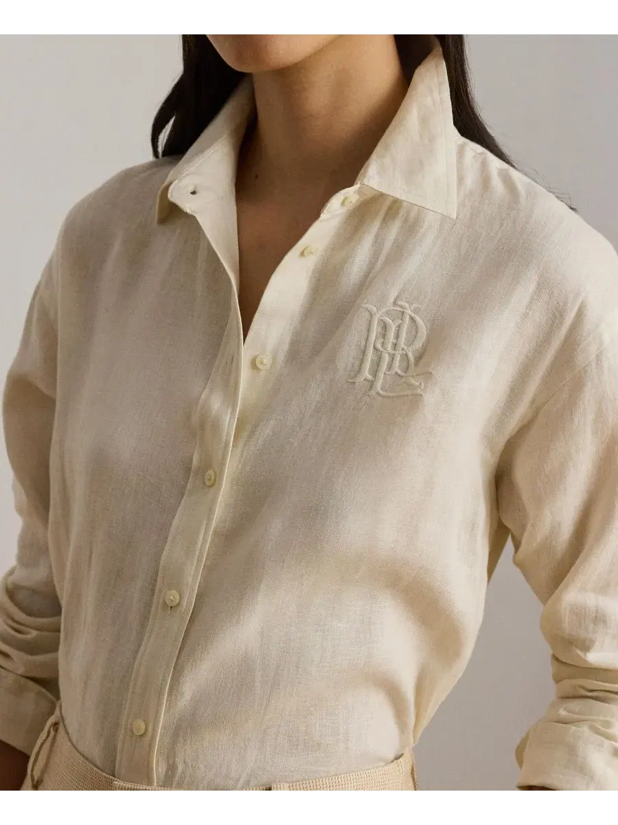 Женская рубашка из льна с длинным рукавом и монограммой Lauren Ralph Lauren — изображение 3 из 7, кремовый