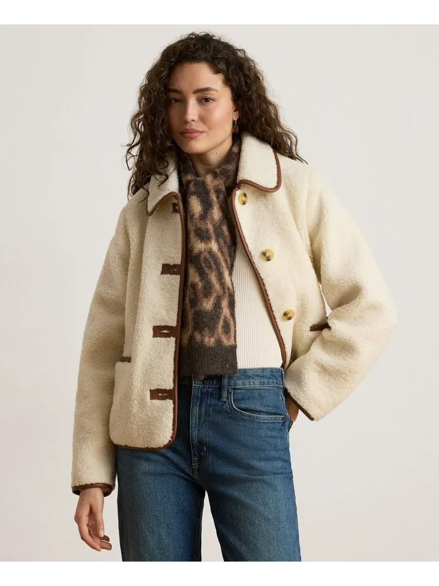 Женская куртка-бомбер из шерпы с faux-leather отделкой Lauren Ralph Lauren — изображение 1 из 5, бежевый