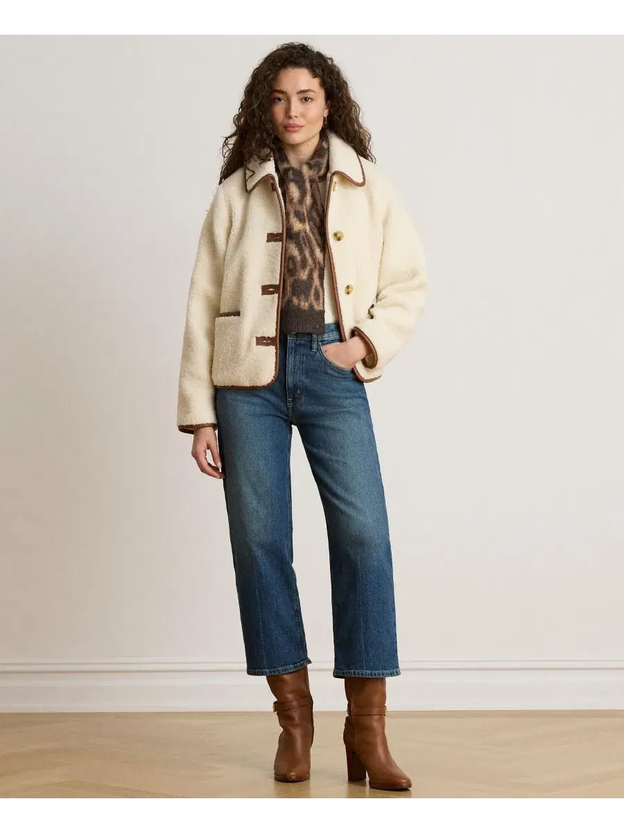 Женская куртка-бомбер из шерпы с faux-leather отделкой Lauren Ralph Lauren — изображение 2 из 5, бежевый