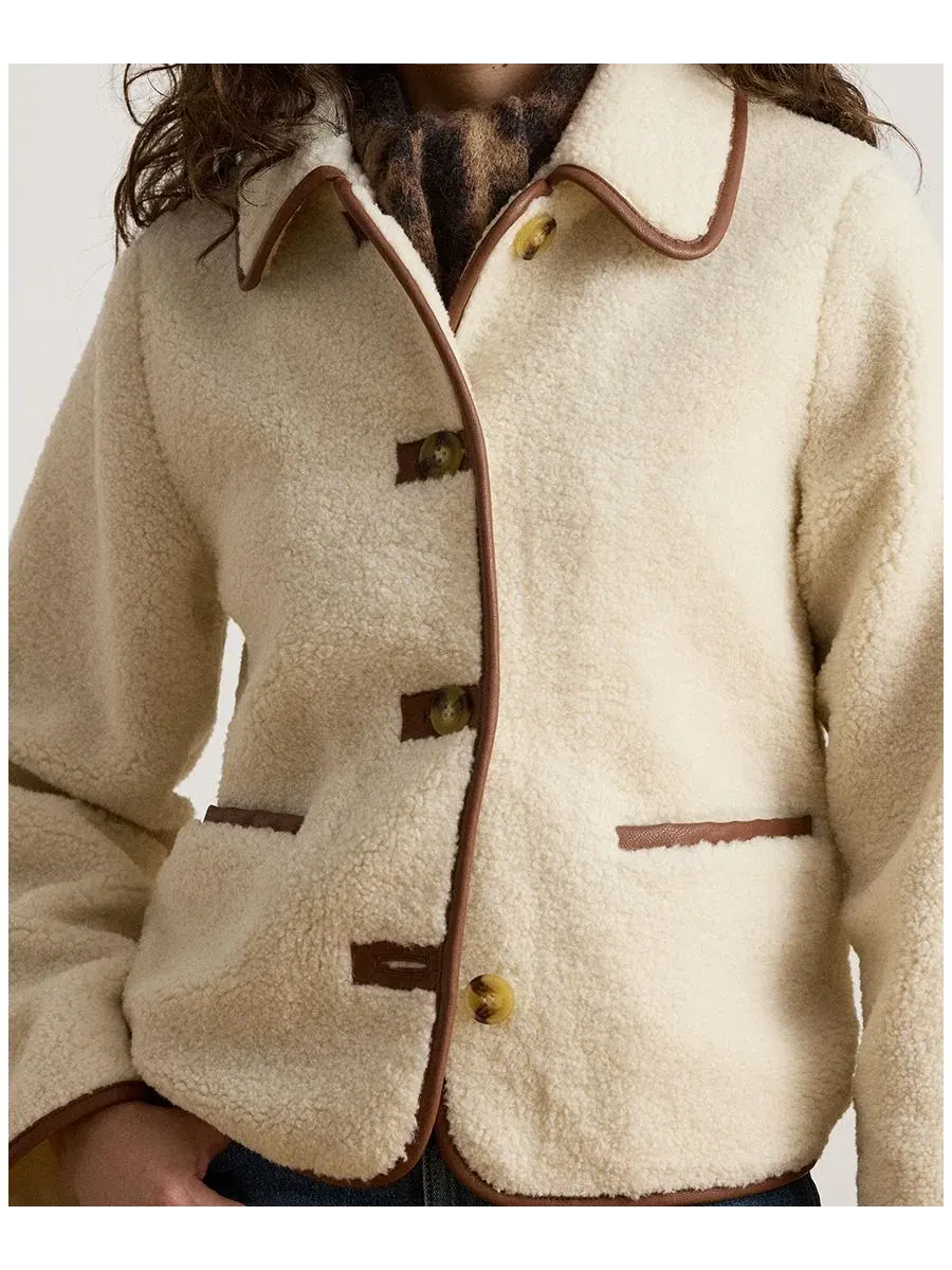 Женская куртка-бомбер из шерпы с faux-leather отделкой Lauren Ralph Lauren — изображение 3 из 5, бежевый