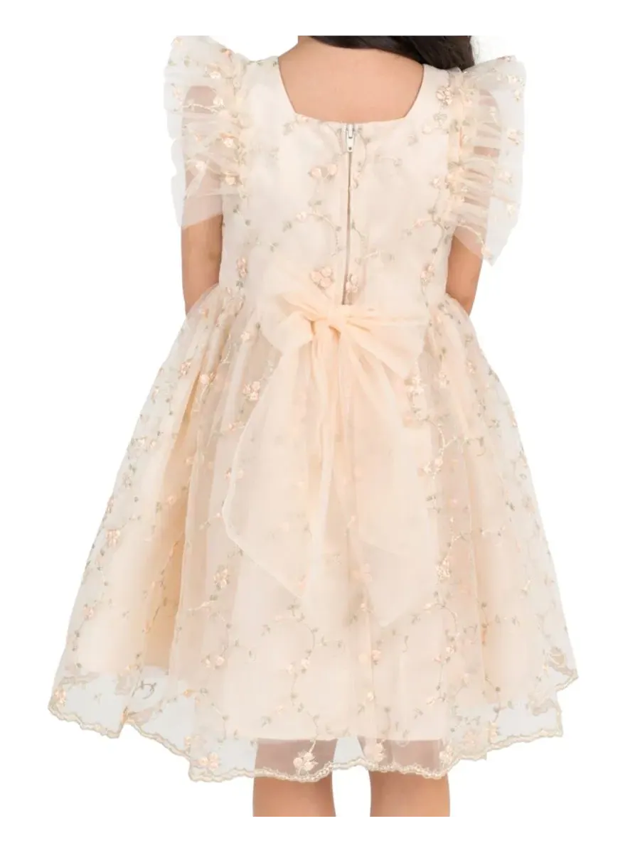 Платье из сетки с вышивкой и рукавами-воланами, модель Embroidered Mesh Flutter Sleeve Dress Rare — изображение 3 из 7, тауп