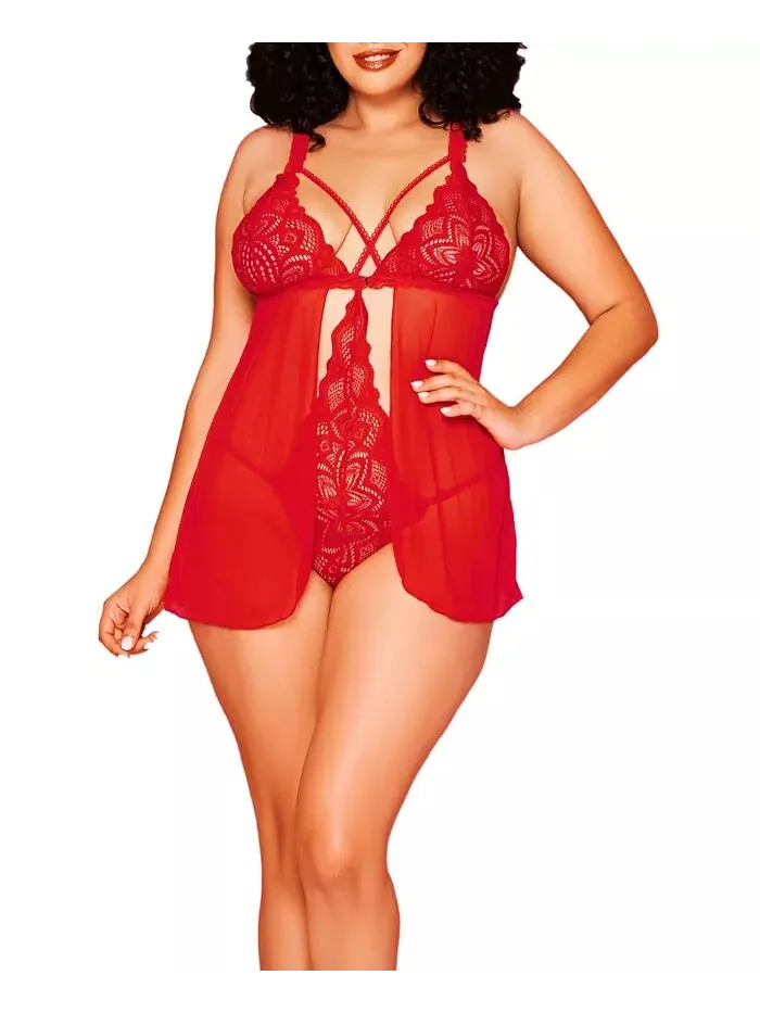 Бюстгальтер Stella Plus Size Galloon с кружевом и сеткой, мягкими чашечками, с прикрепленным боди — красный
