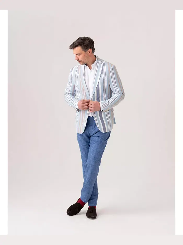 Мужской полосатый пиджак из хлопка кикой Kikoy Koy Clothing — изображение 2 из 8, синий/бежевый
