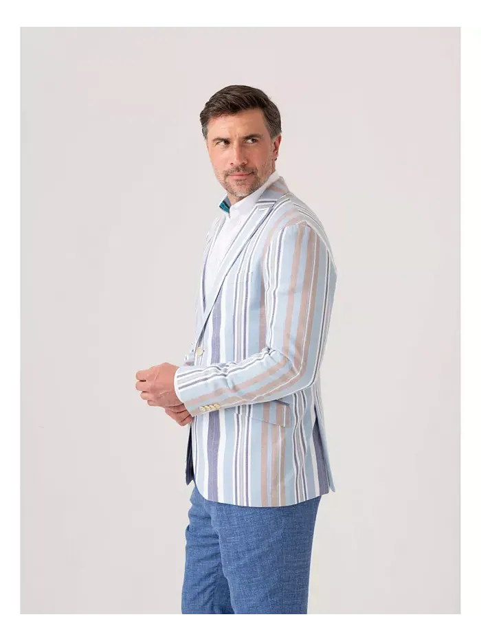 Мужской полосатый пиджак из хлопка кикой Kikoy Koy Clothing — изображение 4 из 8, синий/бежевый