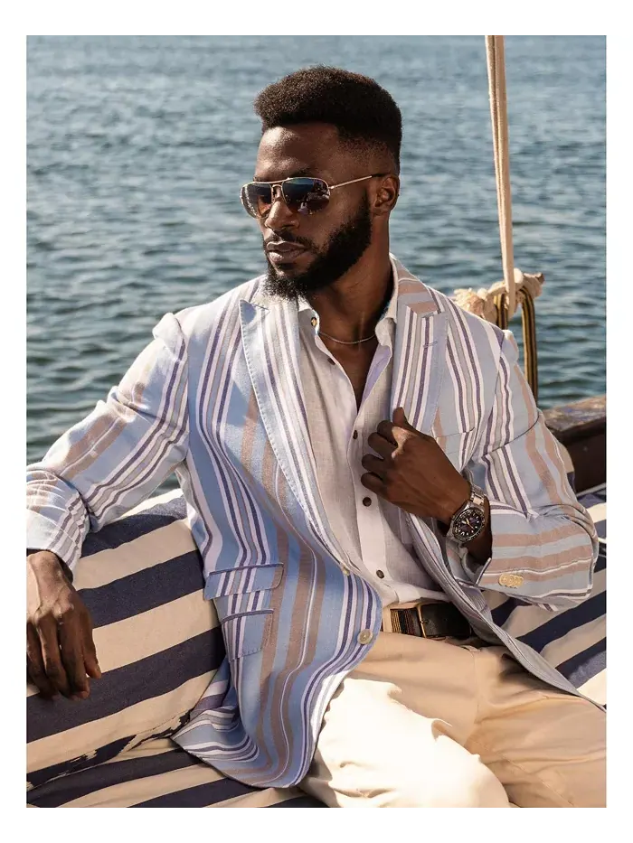 Мужской полосатый пиджак из хлопка кикой Kikoy Koy Clothing — изображение 7 из 8, синий/бежевый
