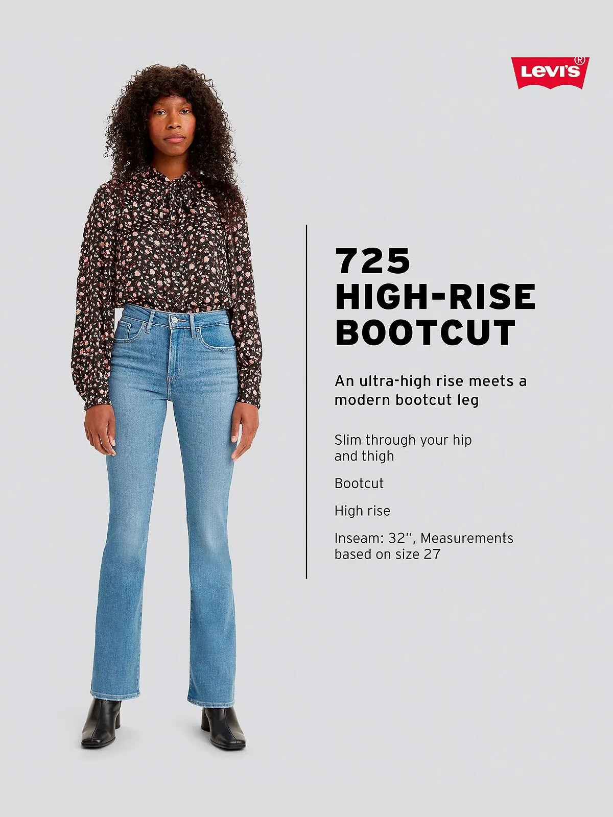 Классические эластичные джинсы Bootcut 725 с высокой талией Levi's — изображение 4 из 4, серый