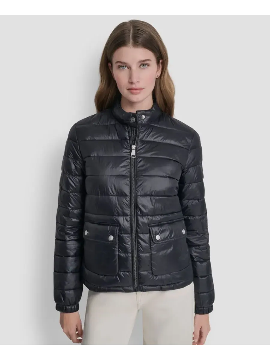 Женское короткое пальто с карманным воротником в стиле мотоциклиста DKNY