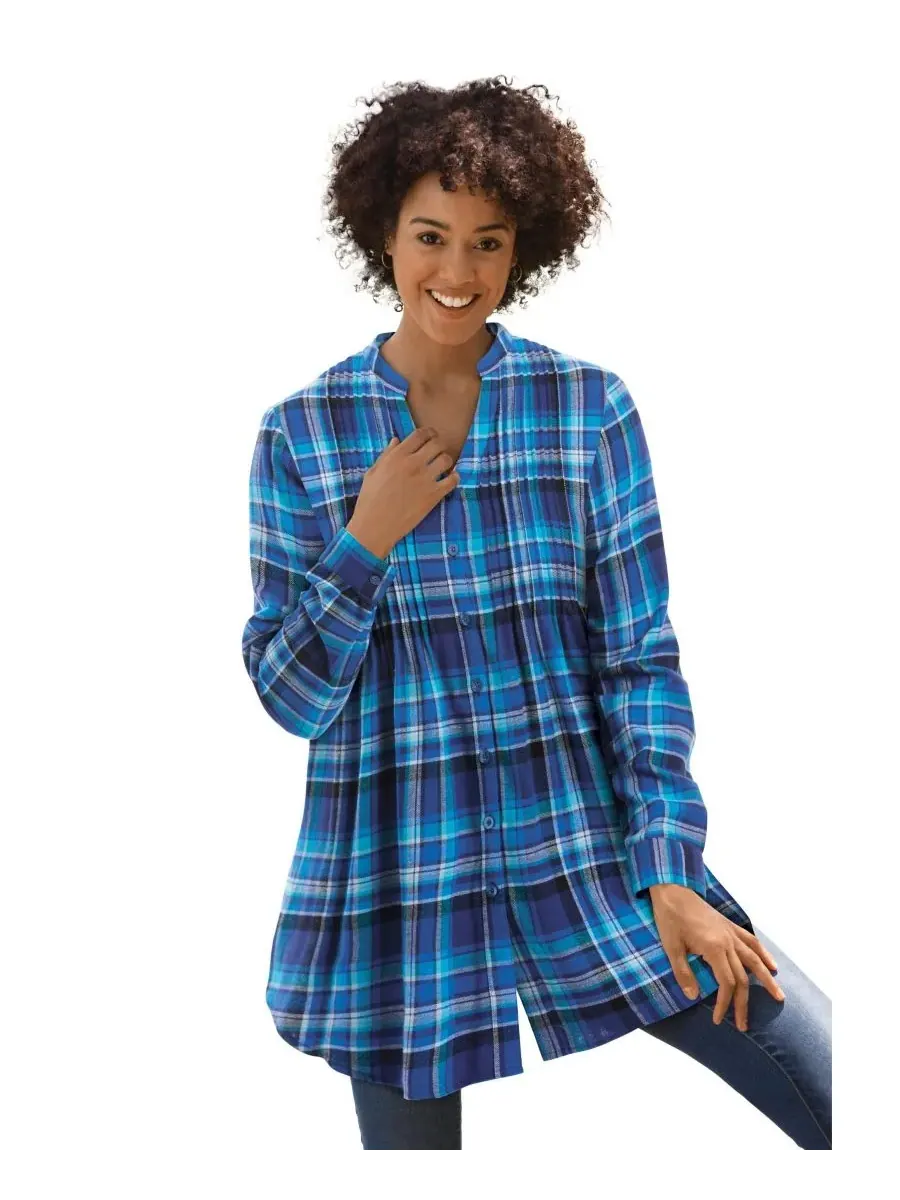 Женская фланелевая рубашка больших размеров с защипами Woman Within, Bright Cobalt Plaid — изображение 1 из 3