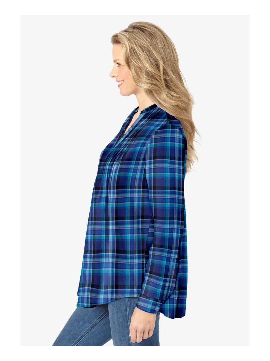 Женская фланелевая рубашка больших размеров с защипами Woman Within, Bright Cobalt Plaid — изображение 2 из 3