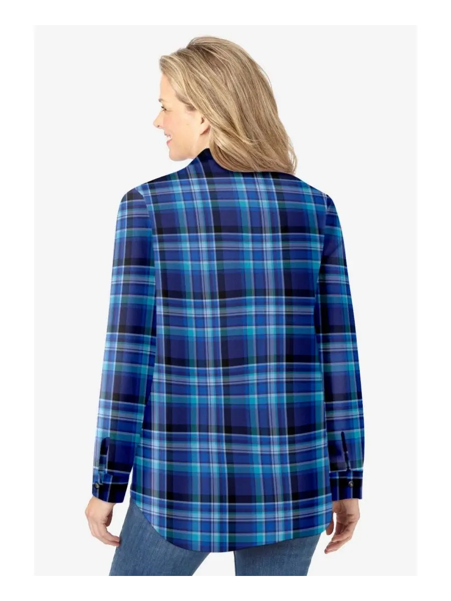 Женская фланелевая рубашка больших размеров с защипами Woman Within, Bright Cobalt Plaid — изображение 3 из 3