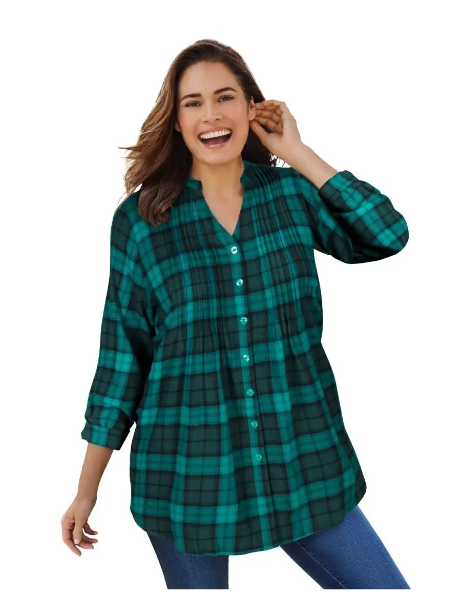Женская фланелевая рубашка больших размеров с защипами Woman Within, Rich Jade Plaid