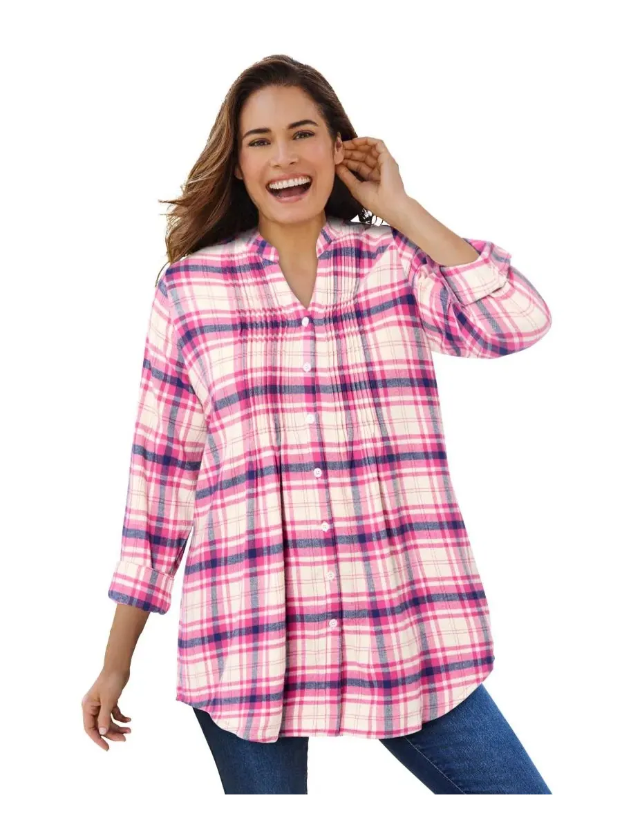 Женская фланелевая рубашка больших размеров с защипами Woman Within, Peony Petal Plaid