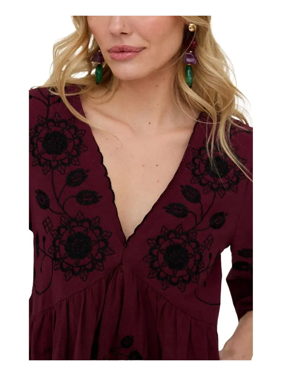Платье мини с вышивкой Arabella V-Neck Embroidered Mini Dress Raffya — изображение 5 из 5, бордовый