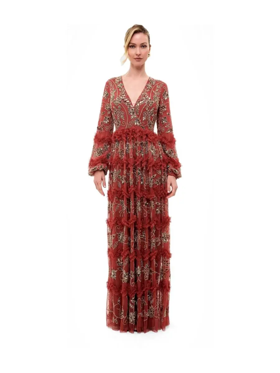 Платье макси с вышивкой и пайетками, с длинным рукавом, модель Embellished Sequins Maxi Ruffle — красный