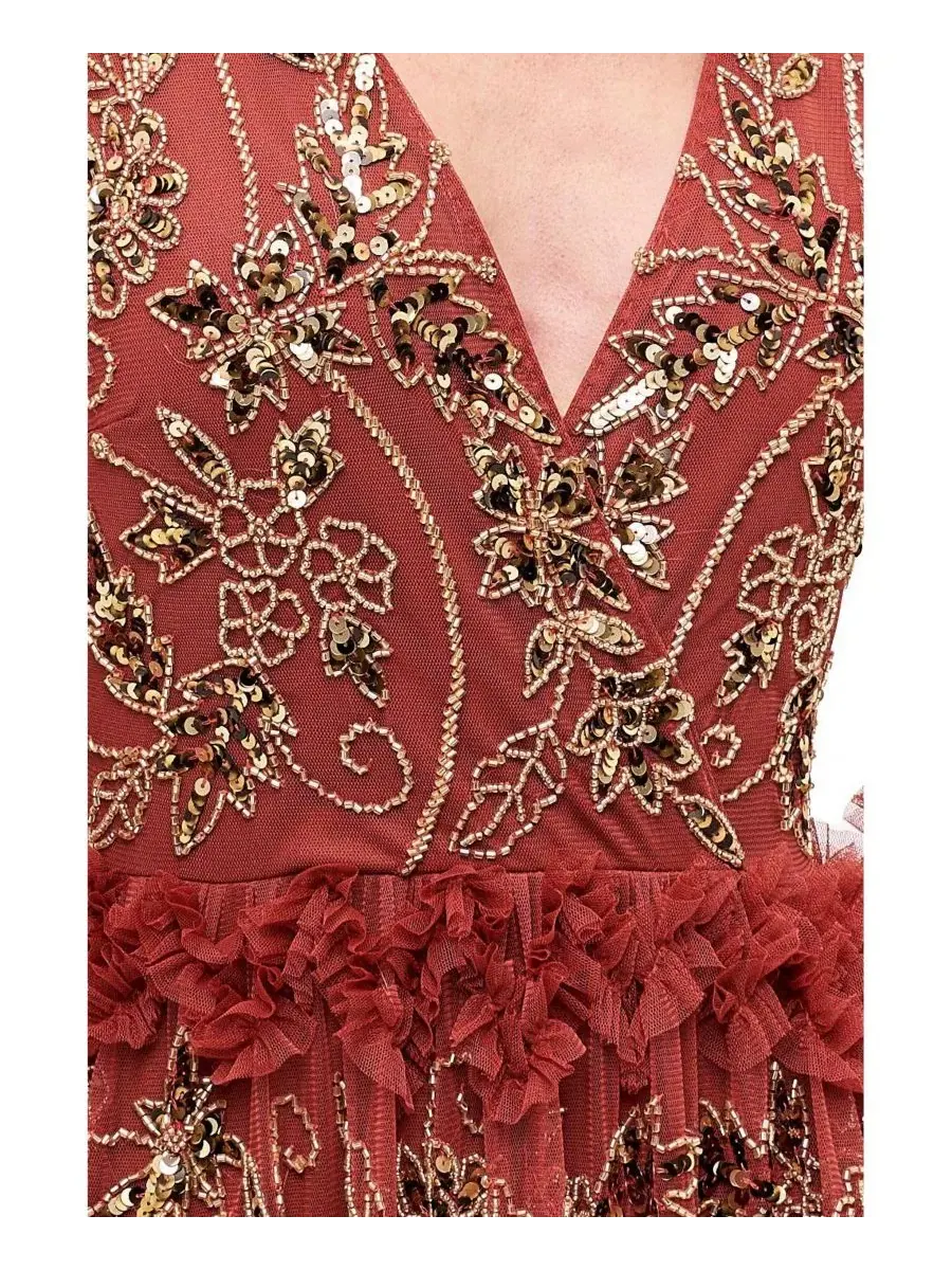Платье макси с вышивкой и пайетками, с длинным рукавом, модель Embellished Sequins Maxi Ruffle — изображение 2 из 4, красный