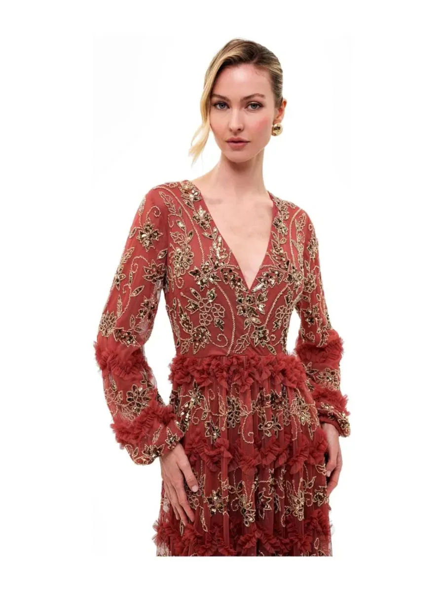 Платье макси с вышивкой и пайетками, с длинным рукавом, модель Embellished Sequins Maxi Ruffle — изображение 3 из 4, красный