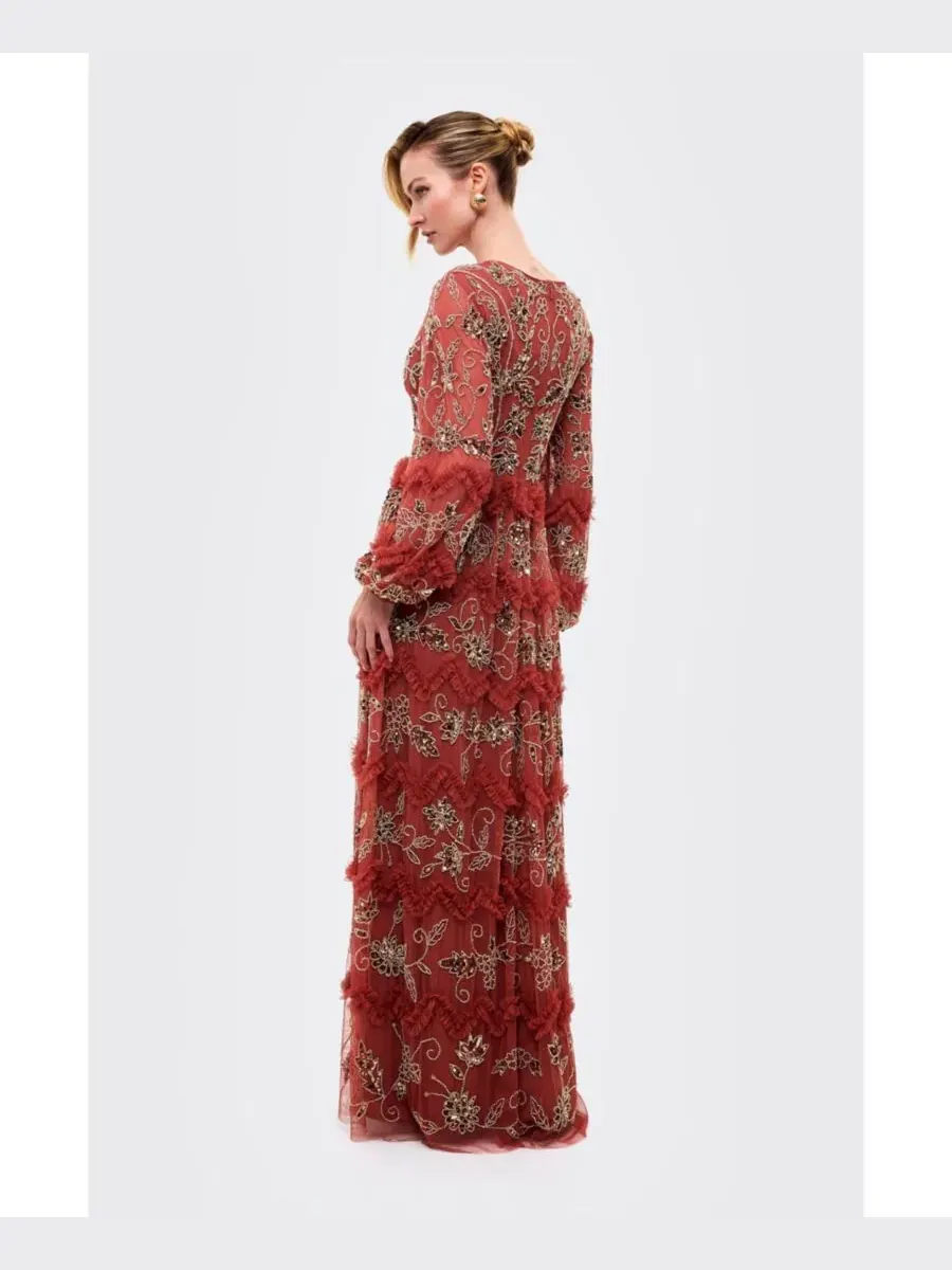Платье макси с вышивкой и пайетками, с длинным рукавом, модель Embellished Sequins Maxi Ruffle — изображение 4 из 4, красный