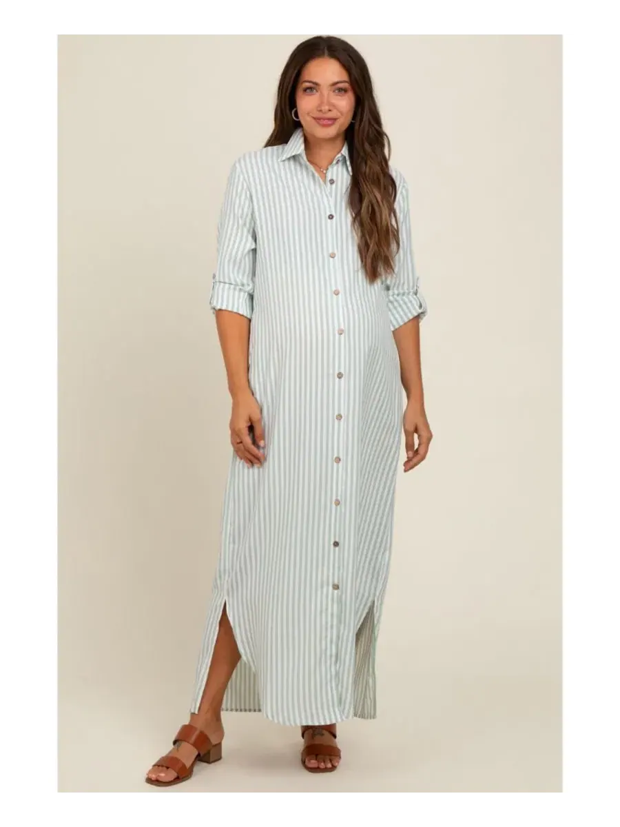 Платье-макси с принтом в полоску, с длинным рукавом, Striped Button Down Maternity Maxi Dress — изображение 1 из 3