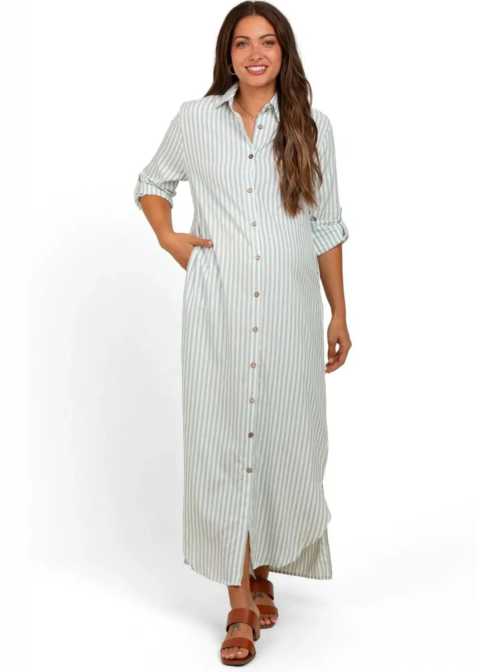 Платье-макси с принтом в полоску, с длинным рукавом, Striped Button Down Maternity Maxi Dress — изображение 2 из 3