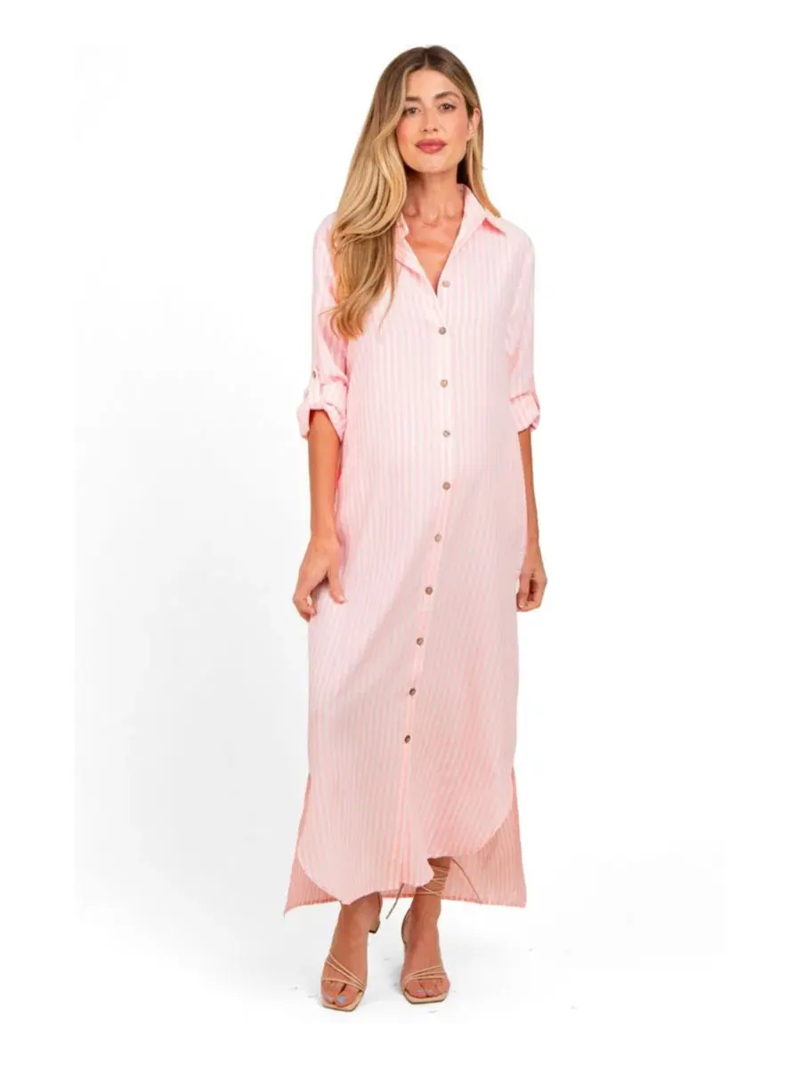 Платье-макси с принтом в полоску, без рукавов, Striped Button Down Maternity Maxi Dress Pinkblush