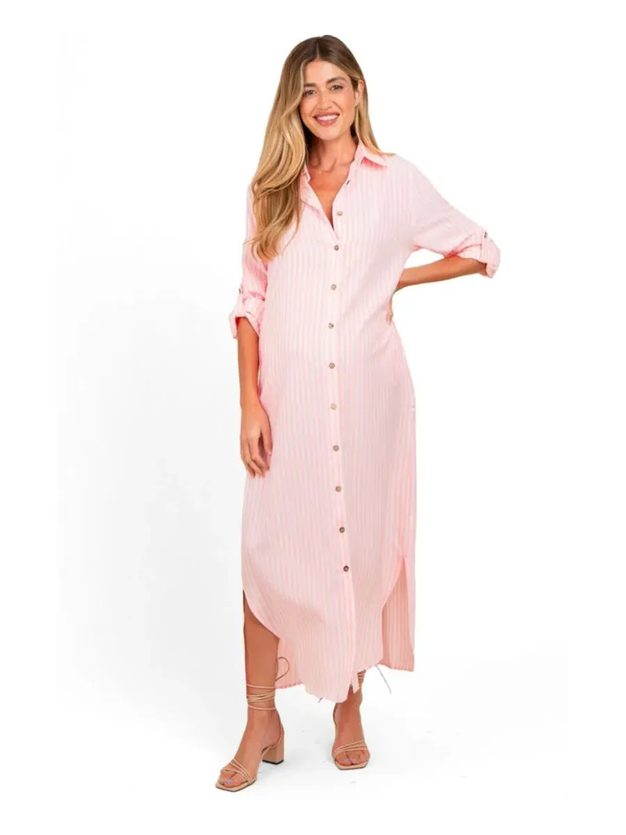 Платье-макси с принтом в полоску, без рукавов, Striped Button Down Maternity Maxi Dress Pinkblush — изображение 2 из 4