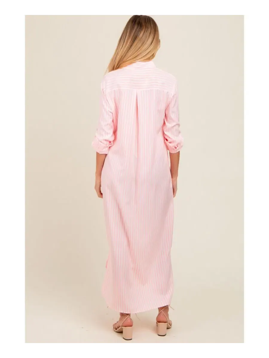 Платье-макси с принтом в полоску, без рукавов, Striped Button Down Maternity Maxi Dress Pinkblush — изображение 3 из 4