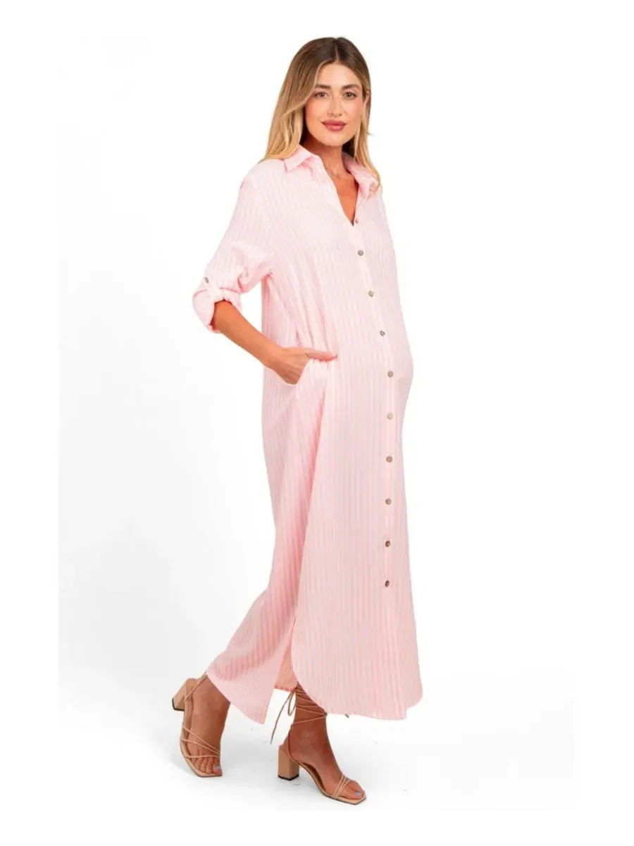 Платье-макси с принтом в полоску, без рукавов, Striped Button Down Maternity Maxi Dress Pinkblush — изображение 4 из 4