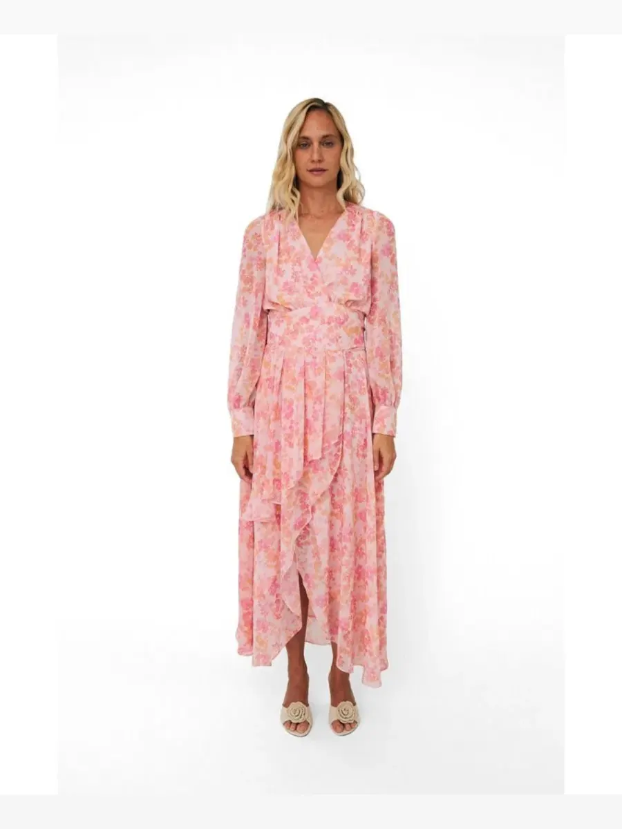 Платье-макси с цветочным принтом Romance V-Neck Long-Sleeve Floral-Print Maxi Dress CRAS — голубой