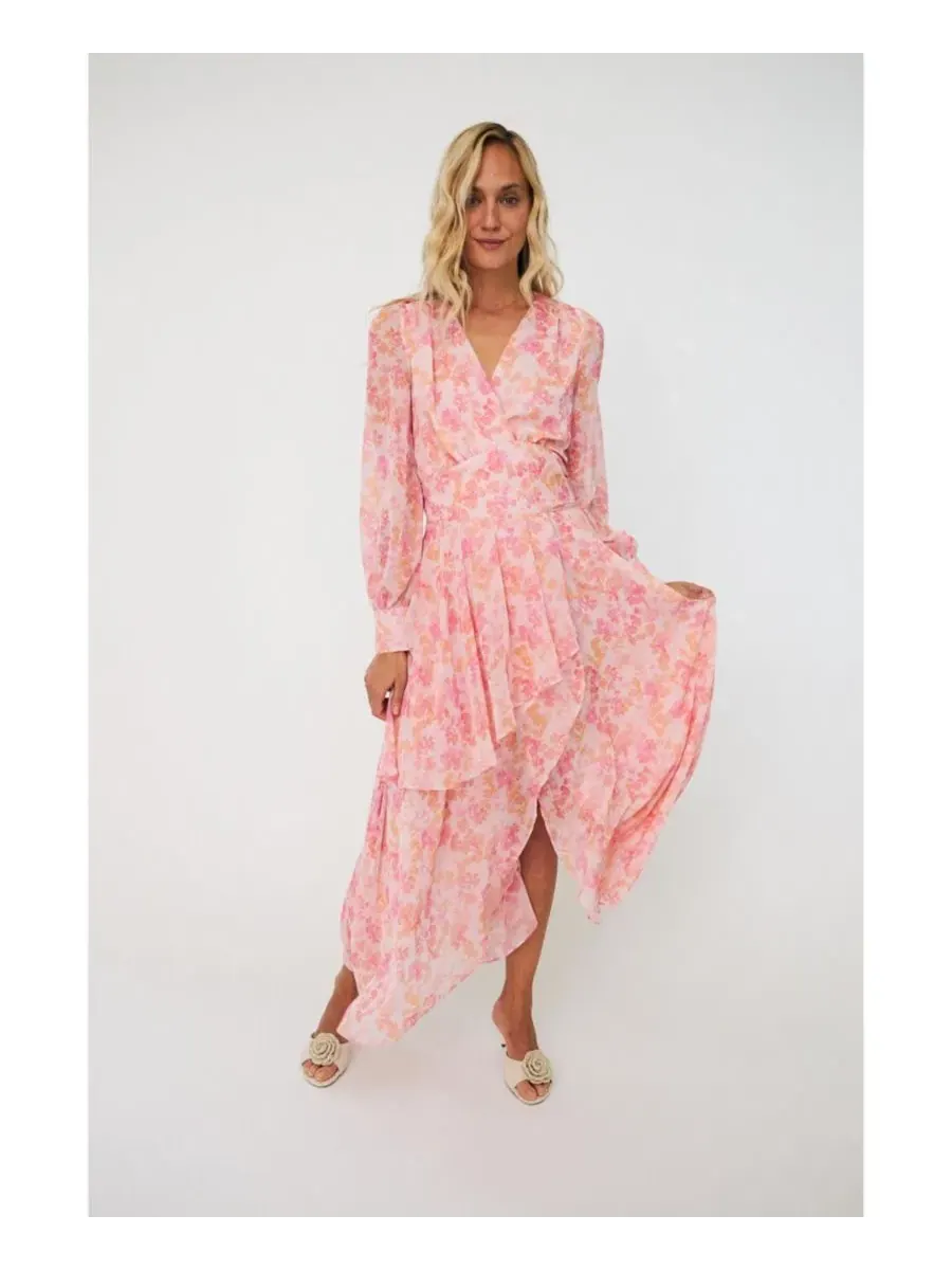 Платье-макси с цветочным принтом Romance V-Neck Long-Sleeve Floral-Print Maxi Dress CRAS — изображение 5 из 8, голубой