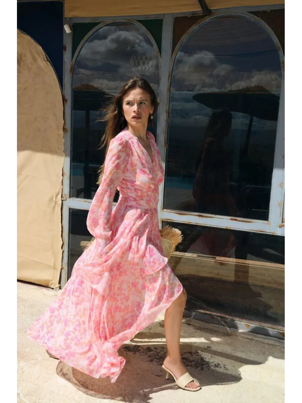 Платье-макси с цветочным принтом Romance V-Neck Long-Sleeve Floral-Print Maxi Dress CRAS — изображение 8 из 8, голубой