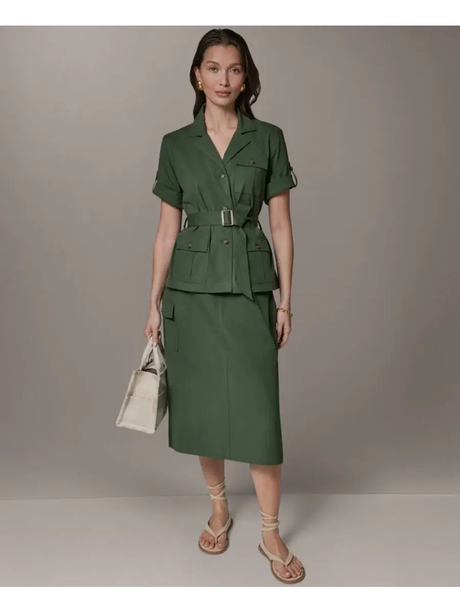 Жакет-сафари с коротким рукавом и поясом Donna Karan Weekend — изображение 2 из 8, зеленый