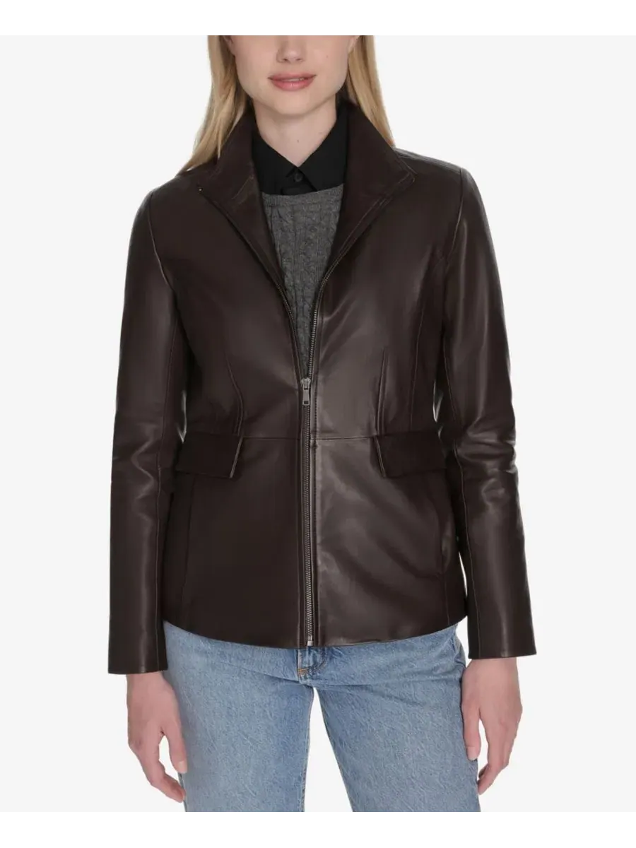 Кожаная куртка с воротником-крыльями Petite Wing-Collar Leather Jacket Cole Haan, Dark Espresso