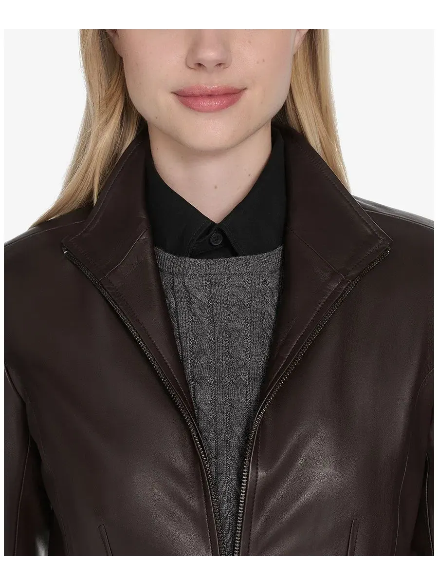 Кожаная куртка с воротником-крыльями Petite Wing-Collar Leather Jacket Cole Haan, Dark Espresso — изображение 2 из 6, бежевый