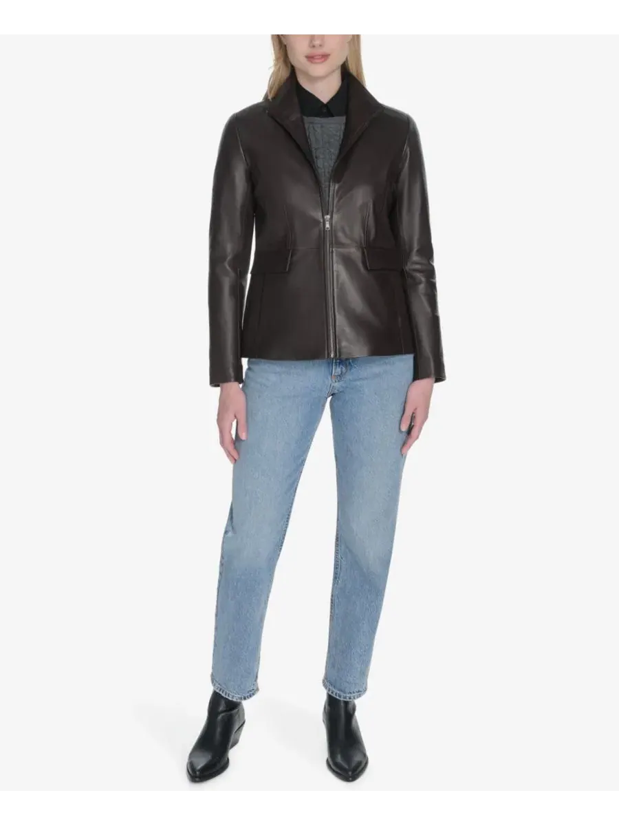 Кожаная куртка с воротником-крыльями Petite Wing-Collar Leather Jacket Cole Haan, Dark Espresso — изображение 3 из 6, бежевый